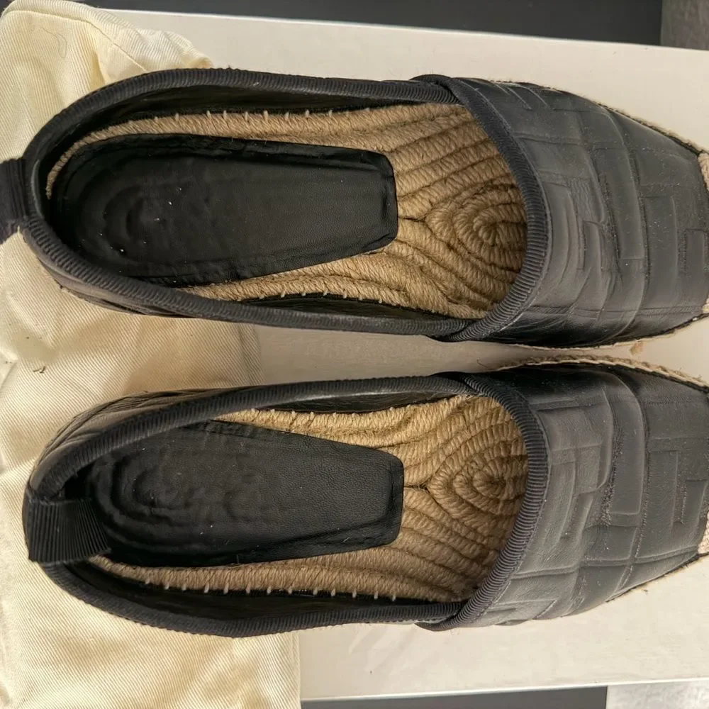 Fendi Black Leather FF Espadrille Flats Logo Jute Sole Size 36